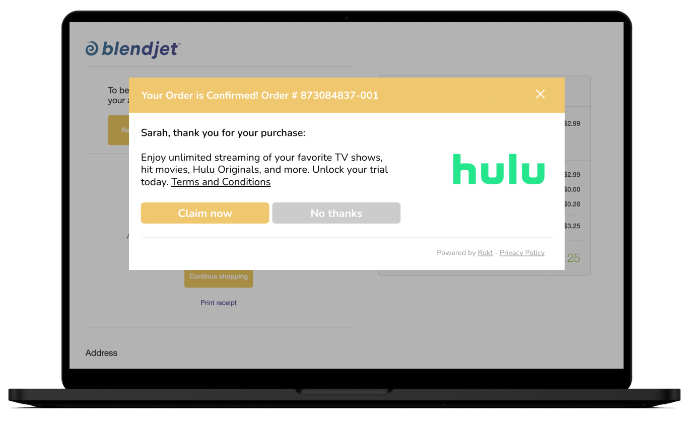A laptop showing the Blendjet website with a Rokt standard overlay placement. The placement is offering a free trial for Hulu.