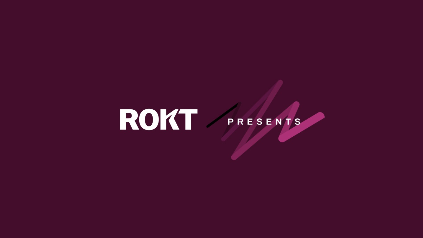 A poster for the video. A wine colored background with the Rokt logo and connector graphic with 'presents'